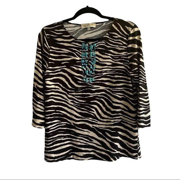JONES NEW YORK Zebra Print Blouse Top Embellished Turquoise Stones Black Tan MP - Picture 1 of 7